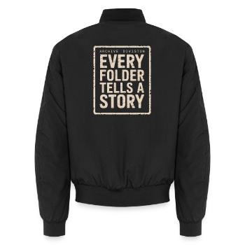 Every Folder Tells A Story Archival Print - Unisex Bomber Jacket - black - Back - AI Model Male 185 light (185cm)