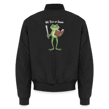 Wir testen bei Dawn Frog Knight - Unisex Bomberjacke - Schwarz - Hinten - AI Model Male 185 light (185cm)