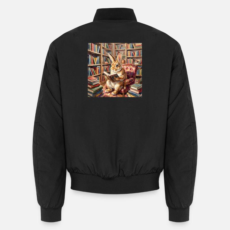 Library Rabbit Reading Portrait - Unisex Bomber Jacket - black