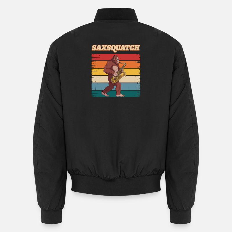 Sax Squatch on Retro Stripes Unisex Bomber Jacket