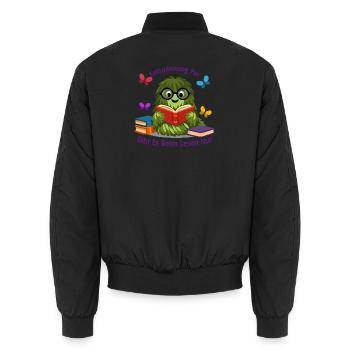Entspannte Puschelraupe beim Lesespaß - Unisex Bomberjacke - Schwarz - Hinten - AI Model Male 185 light (185cm)