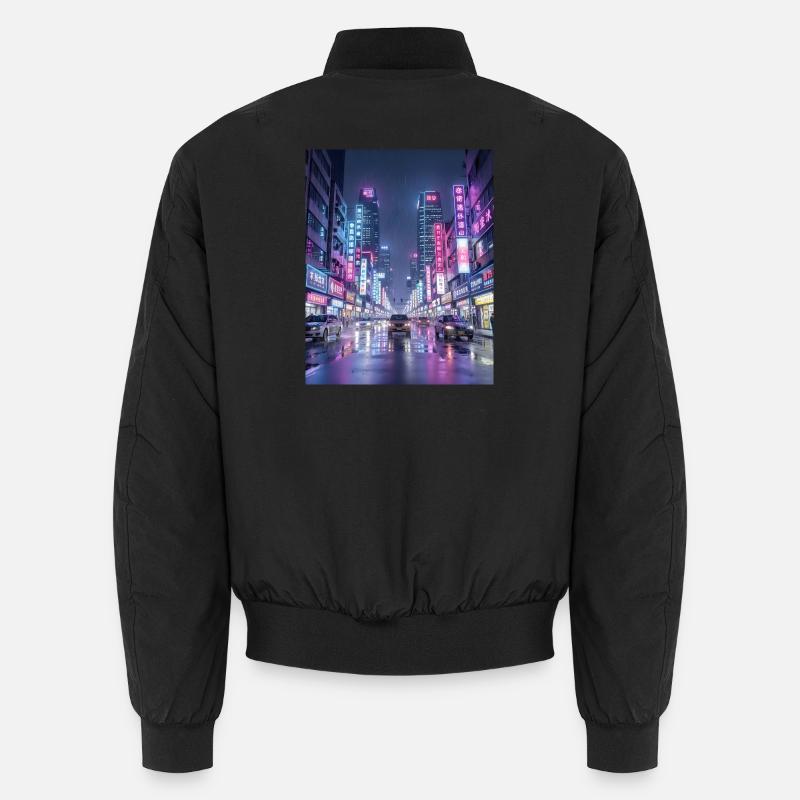 Neon Rain Cityscape Unisex Bomber Jacket