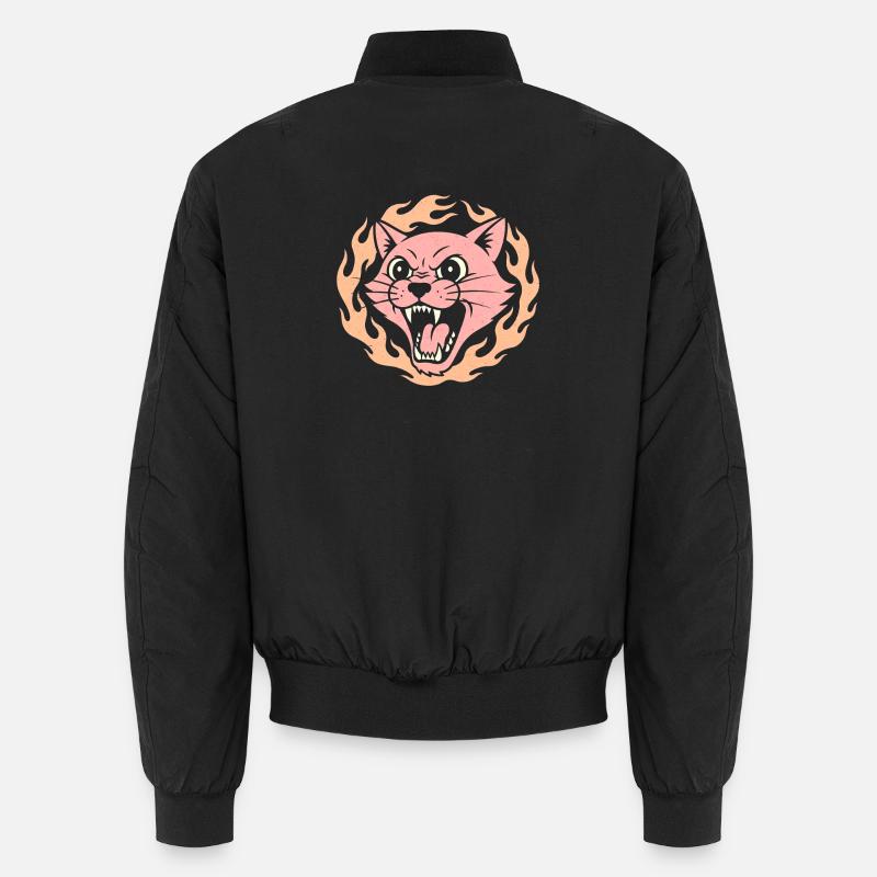 Flame Cat Pink Fire Head - Unisex Bomber Jacket - black