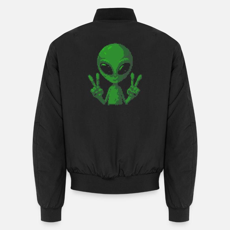Pixel Green Alien Peace Sign - Unisex Bomber Jacket - black