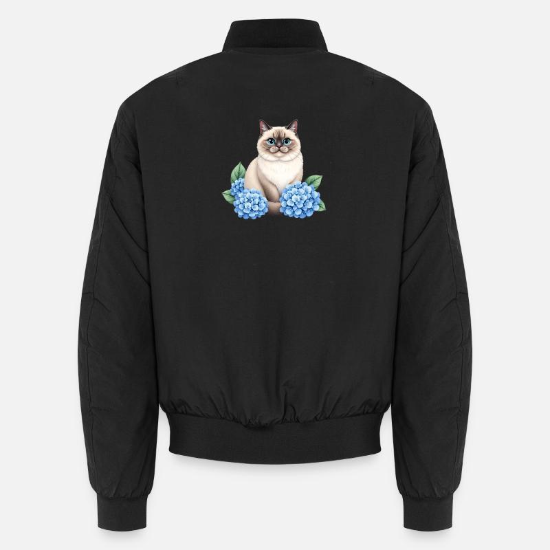 Cute Ragdoll Cat with Blue Hydrangeas Unisex Bomberjacke
