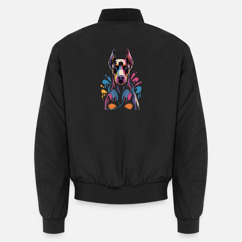 Dobermann mit Kopfhörern - Unisex Bomberjacke - Schwarz