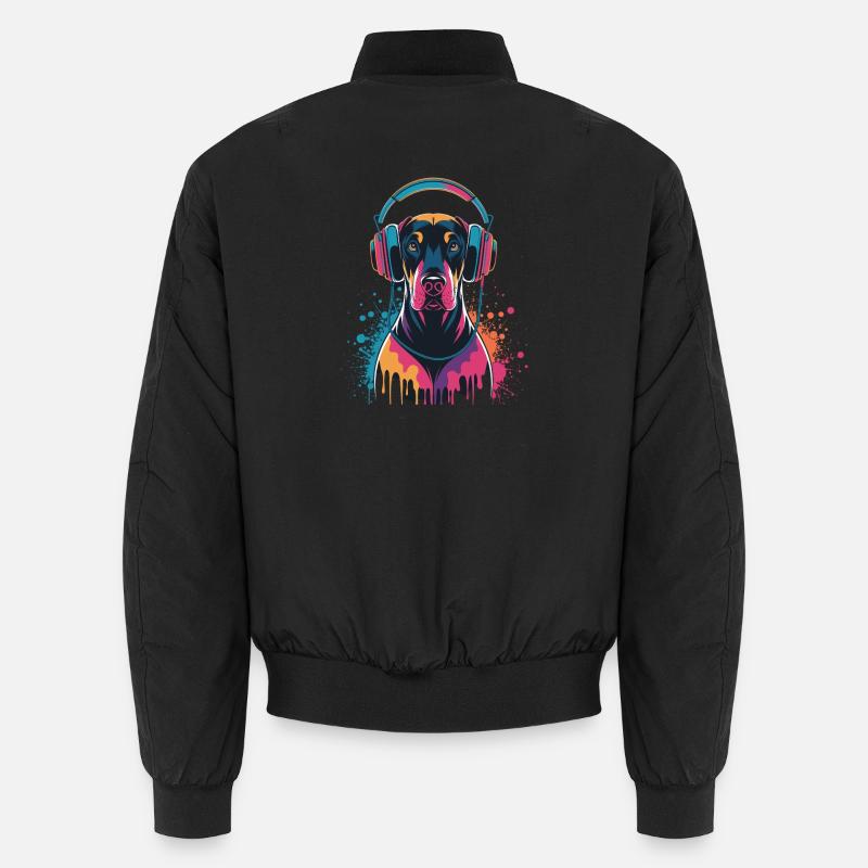Doberman with headphones - Unisex Bomber Jacket - black