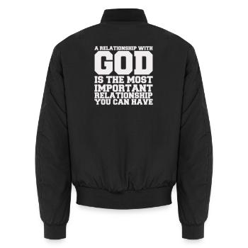 a_relationship_with_god - Unisex Bomberjacke - Schwarz - Hinten - AI Model Male 185 light (185cm)