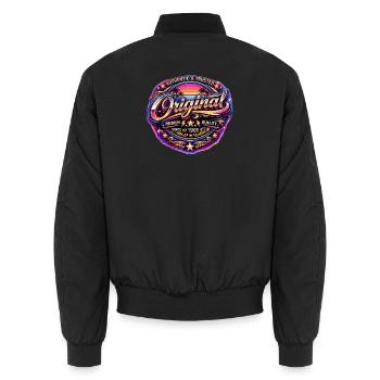 Retro 1980s Neon Synthwave Original 1981 Badge - Unisex Bomber Jacket - black - Back - AI Model Male 185 light (185cm)