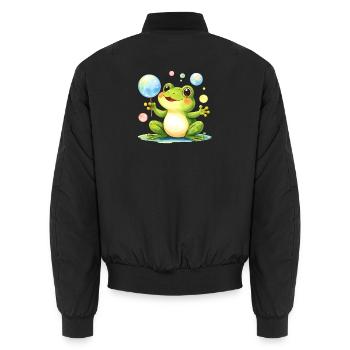 Green Kawaii Frog with Soap Bubbles – Cute - Unisex Bomber Jacket - black - Back - AI Model Male 185 light (185cm)