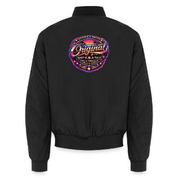 Retro 1980s Neon Synthwave Original 1986 Badge - Unisex Bomber Jacket - black - Back - AI Model Male 185 light (185cm)