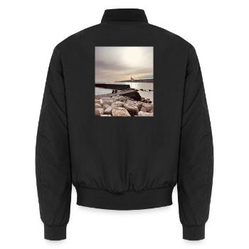 Sunset over pier and rocks - Unisex Bomber Jacket - black - Back - AI Model Male 185 light (185cm)