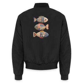 Trio de poissons au crochet patchwork - Bomber unisexe - noir - Dos - AI Model Male 185 light (185cm)