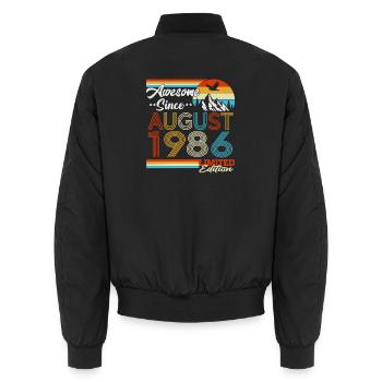 August 1986 Vintage Birthday Gift Retro - Unisex Bomber Jacket - black - Back - AI Model Male 185 light (185cm)