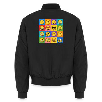 Smilies Grid – 16 bunte Cartoon Gesichter  - Unisex Bomberjacke - Schwarz - Hinten - AI Model Male 185 light (185cm)