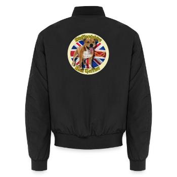 Red Staffie on English Flag Background - 014 - Unisex Bomber Jacket - black - Back - AI Model Male 185 light (185cm)