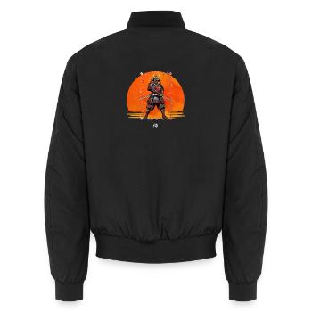 Samurai-Wächter in purpurroter Rüstung - Unisex Bomberjacke - Schwarz - Hinten - AI Model Male 185 light (185cm)