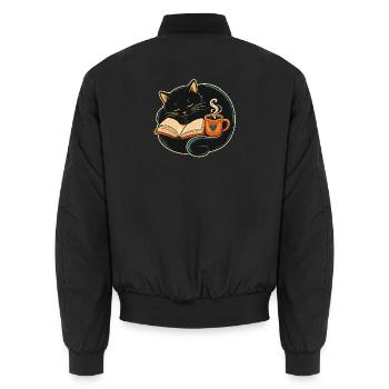 Chat endormi en lecture et café - Bomber unisexe - noir - Dos - AI Model Male 185 light (185cm)
