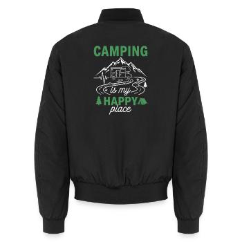 Camping is My Happy Place - Unisex Bomber Jacket - black - Back - AI Model Male 185 light (185cm)