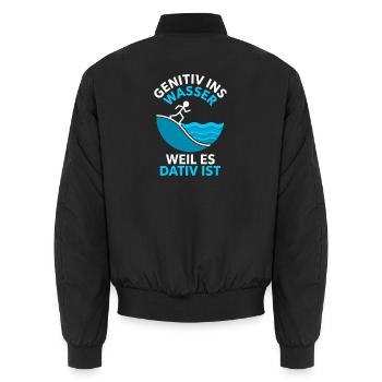 Genitive into the water because it's dative grammar - Unisex Bomber Jacket - black - Back - AI Model Male 185 light (185cm)