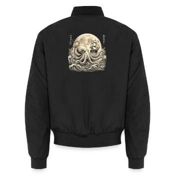 Vintage Octopus Under Full Moon With Sailing Ship - Unisex Bomber Jacket - black - Back - AI Model Male 185 light (185cm)