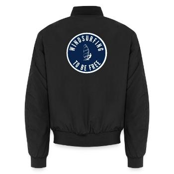 Windsurfing to be free – Badge in Navy - Unisex Bomber Jacket - black - Back - AI Model Male 185 light (185cm)