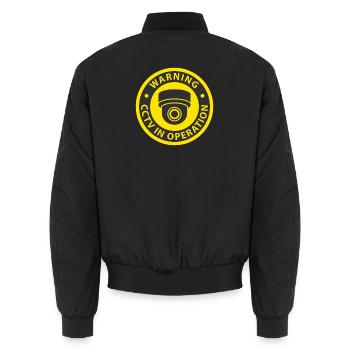 Warning CCTV Camera In Operation Sign - Unisex Bomber Jacket - black - Back - AI Model Male 185 light (185cm)