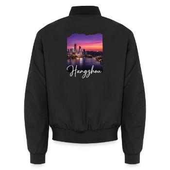 Hangzhou Evening Light Skyline Print - Unisex Bomber Jacket - black - Back - AI Model Male 185 light (185cm)