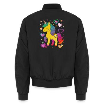 Cute Unicorn with Hearts Design - Unisex Bomber Jacket - black - Back - AI Model Male 185 light (185cm)