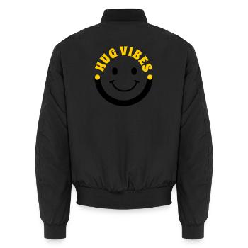 Minimalist Hug Vibes – Typography with Smile Curve - Unisex Bomber Jacket - black - Back - AI Model Male 185 light (185cm)