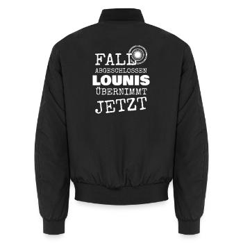 Distressed Deutsch Schriftzug Jetzt Übernimmt - Unisex Bomberjacke - Schwarz - Hinten - AI Model Male 185 light (185cm)