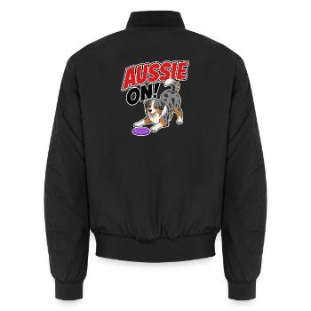 Aussie On! Playful Frisb Dog - Unisex Bomber Jacket - black - Back - AI Model Male 185 light (185cm)