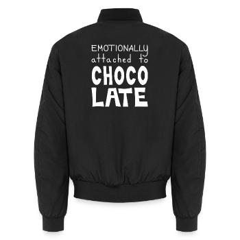 Emotionally Attached To Chocolate, White - Unisex Bomber Jacket - black - Back - AI Model Male 185 light (185cm)