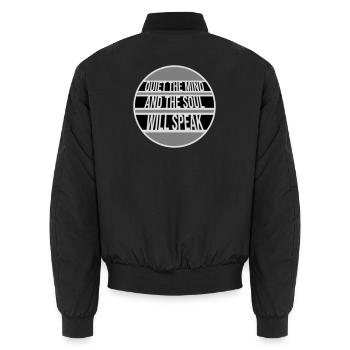 Quiet The Mind And The Soul Will Speak Ruhe Spruch - Unisex Bomber Jacket - black - Back - AI Model Male 185 light (185cm)