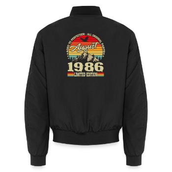 August 1986 Vintage Birthday Gift Retro - Unisex Bomber Jacket - black - Back - AI Model Male 185 light (185cm)
