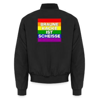 BRAUNE KACKE IST SCHEISSE, NO NZS, NO AFD, WEISS - Unisex Bomberjacke - Schwarz - Hinten - AI Model Male 185 light (185cm)