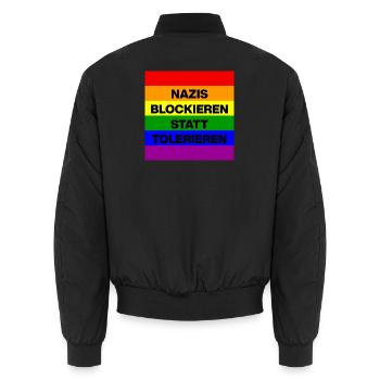 NAZIS BLOCKIEREN STATT TOLERIEREN, LGBTQ COMUNITY - Unisex Bomberjacke - Schwarz - Hinten - AI Model Male 185 light (185cm)