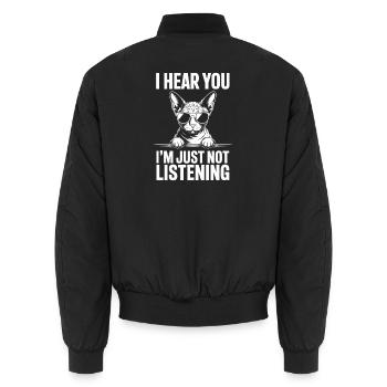 Sphynx Cat Sayings Funny Sphynx Cat Gift - Unisex Bomber Jacket - black - Back - AI Model Male 185 light (185cm)