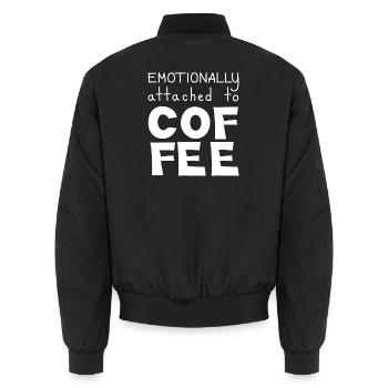 Emotionally Attached To Coffee, White - Unisex Bomber Jacket - black - Back - AI Model Male 185 light (185cm)