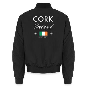 Cork Ireland Coordinates Travel Souvenir - Unisex Bomber Jacket - black - Back - AI Model Male 185 light (185cm)
