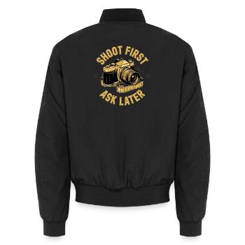 Shoot First Ask Later - Unisex Bomber Jacket - black - Back - AI Model Male 185 light (185cm)