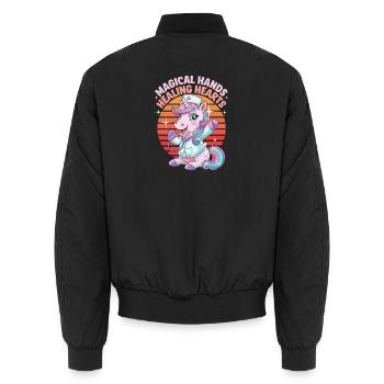 Magical Hands Healing Hearts Unicorn - Unisex Bomber Jacket - black - Back - AI Model Male 185 light (185cm)