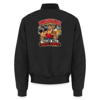 Massephase – Teller voll, Hantel schwer - Unisex Bomberjacke - Schwarz - Hinten - AI Model Male 185 light (185cm)