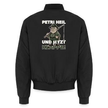 Grumpy Angler – Lustiges Fischer Vintage Shirt - Unisex Bomberjacke - Schwarz - Hinten - AI Model Male 185 light (185cm)