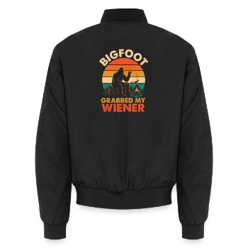 Bigfoot hat meinen Wiener gegriffen – lustiger Sasquatch - Unisex Bomberjacke - Schwarz - Hinten - AI Model Male 185 light (185cm)