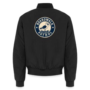 Boardwalk Patrol – Freche Möwe Küstenmotiv - Unisex Bomberjacke - Schwarz - Hinten - AI Model Male 185 light (185cm)