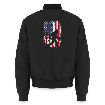 Patriotischer Sasquatch – Bigfoot-amerikanische Flagge - Unisex Bomberjacke - Schwarz - Hinten - AI Model Male 185 light (185cm)