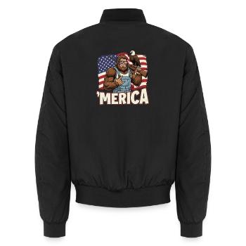 Merica – Patriotische Bigfoot Sasquatch US-Flagge - Unisex Bomberjacke - Schwarz - Hinten - AI Model Male 185 light (185cm)