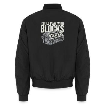 Ich spiele immer noch mit Blöcken – Automechaniker-Typ - Unisex Bomberjacke - Schwarz - Hinten - AI Model Male 185 light (185cm)