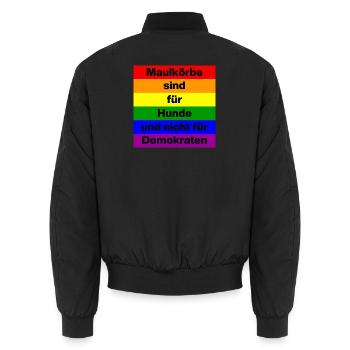 PRO MEINUNGSFREIHEIT, MAULKÖRBE SIND FÜR HUNDE - Unisex Bomberjacke - Schwarz - Hinten - AI Model Male 185 light (185cm)